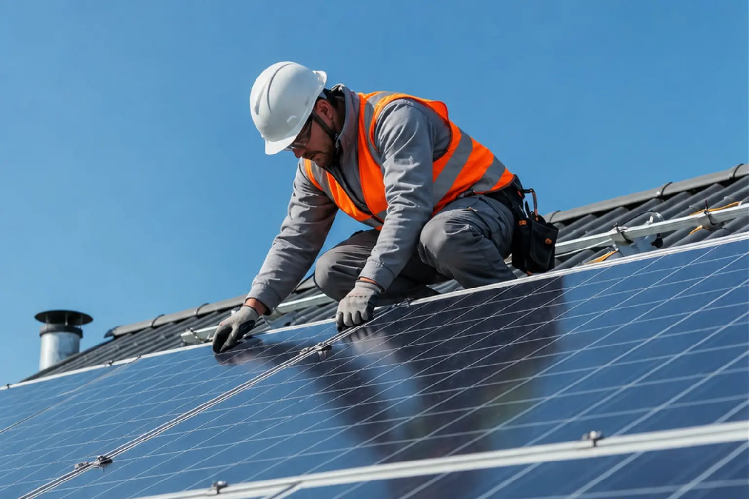 Técnico instalando placas solares para casa sobre la cubierta de una vivienda unifamiliar